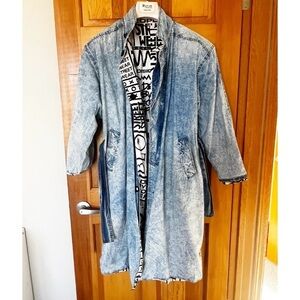 80s 90s Dusted Denim Blue Acid Wash Trench Coat Sz L? Streetwear Hip Hop Graphic